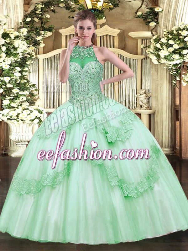 Dynamic Sleeveless Lace Up Floor Length Beading and Appliques Sweet 16 Quinceanera Dress