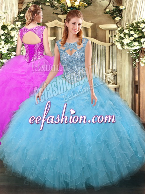  Aqua Blue Quinceanera Dress Military Ball and Sweet 16 and Quinceanera with Beading and Ruffles Scoop Sleeveless Lace Up
