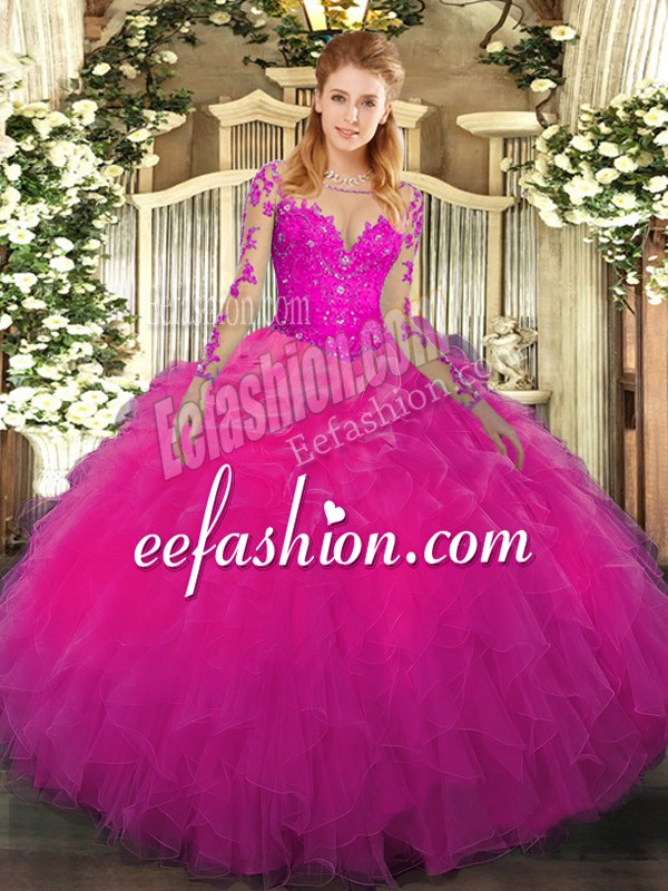  Long Sleeves Lace Up Floor Length Lace and Ruffles Vestidos de Quinceanera