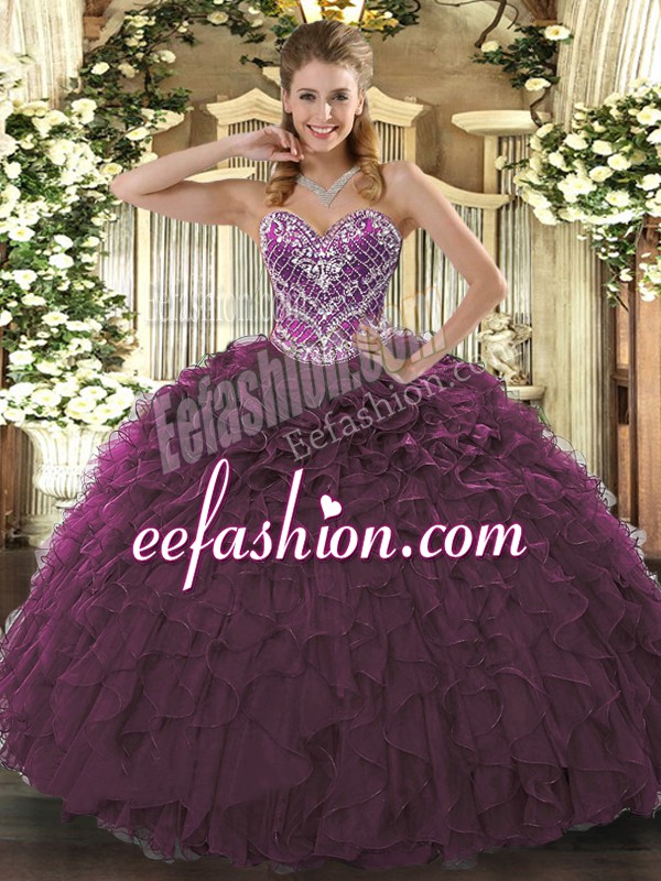 Affordable Sweetheart Sleeveless Lace Up Quince Ball Gowns Burgundy Tulle