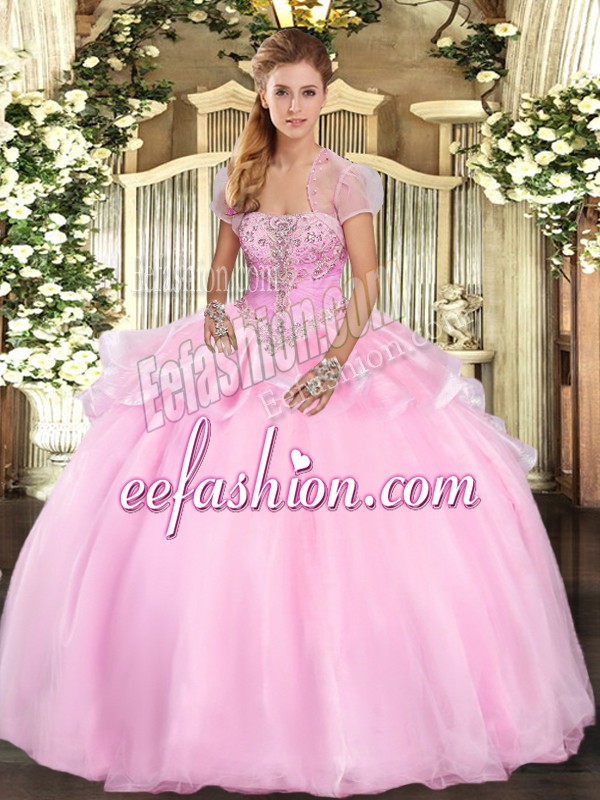 Great Sleeveless Organza Floor Length Lace Up 15th Birthday Dress in Baby Pink with Appliques