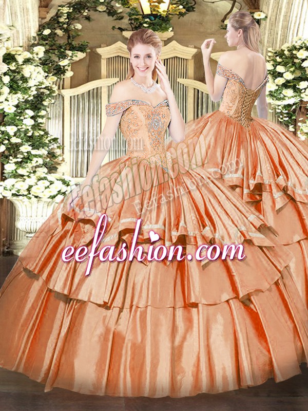 Comfortable Floor Length Orange Red Quinceanera Gowns Off The Shoulder Sleeveless Lace Up
