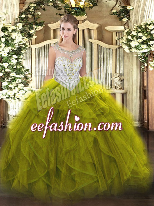  Olive Green Tulle Zipper Scoop Sleeveless Floor Length Quince Ball Gowns Beading and Ruffles