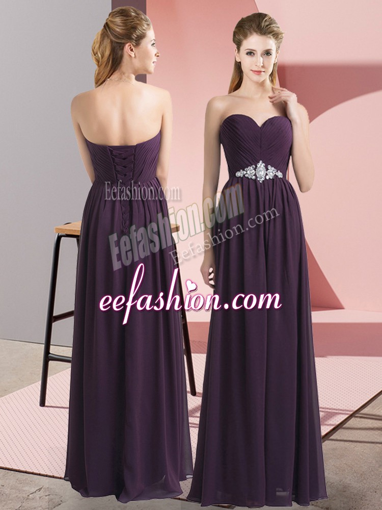 Customized Dark Purple Chiffon Lace Up Homecoming Dress Sleeveless Floor Length Beading