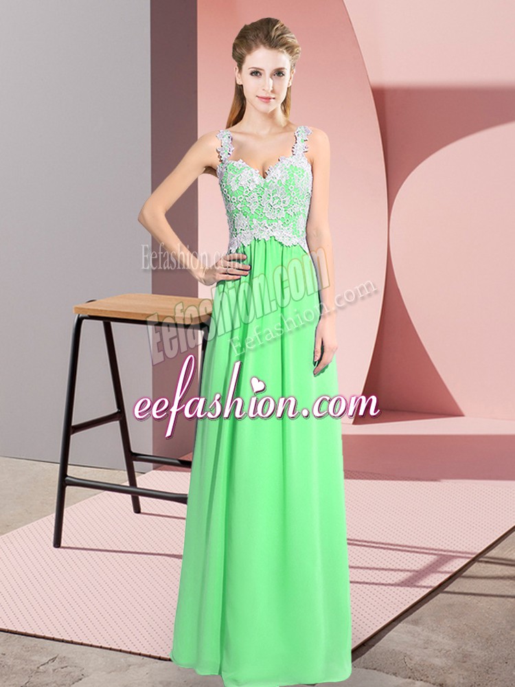 Flare Apple Green Chiffon Zipper Evening Dress Sleeveless Floor Length Lace