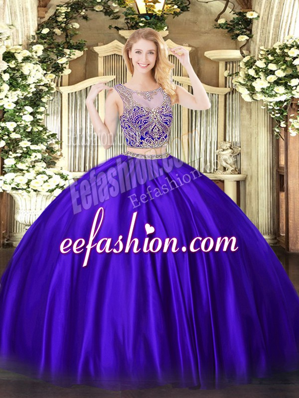 Dramatic Purple Two Pieces Satin Scoop Sleeveless Beading Floor Length Lace Up 15th Birthday Dress