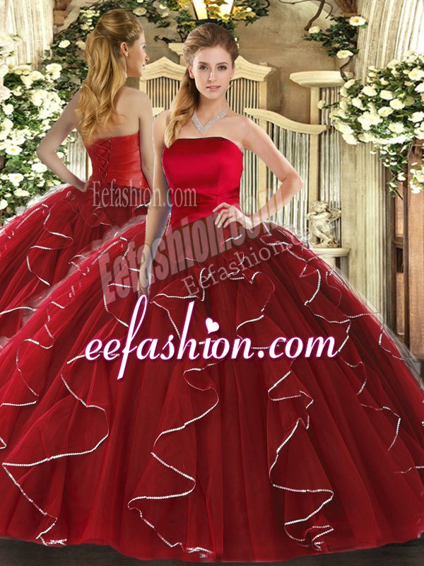 Custom Made Wine Red Sleeveless Floor Length Ruffled Layers Lace Up Quince Ball Gowns