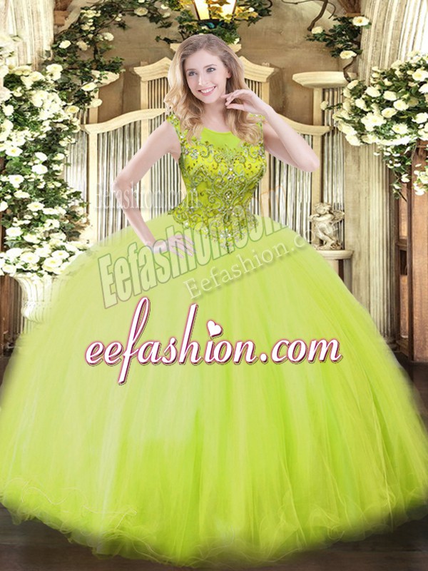 Glittering Scoop Sleeveless Zipper Sweet 16 Dresses Yellow Green Tulle