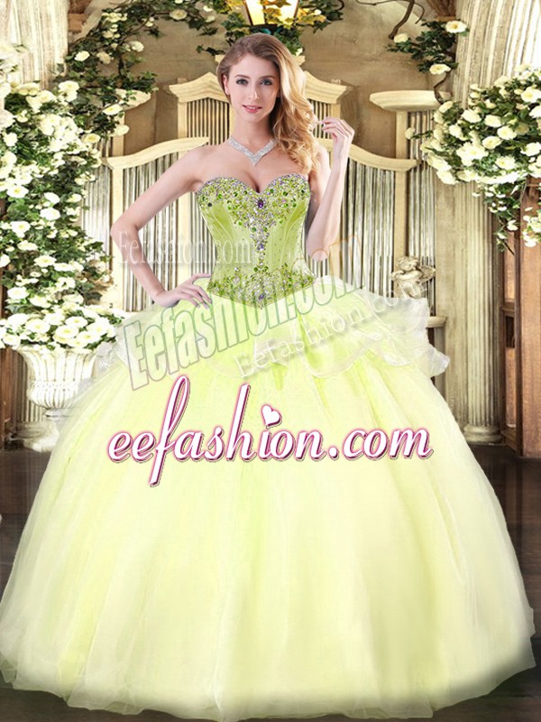 Delicate Light Yellow Lace Up Quince Ball Gowns Beading Sleeveless Floor Length