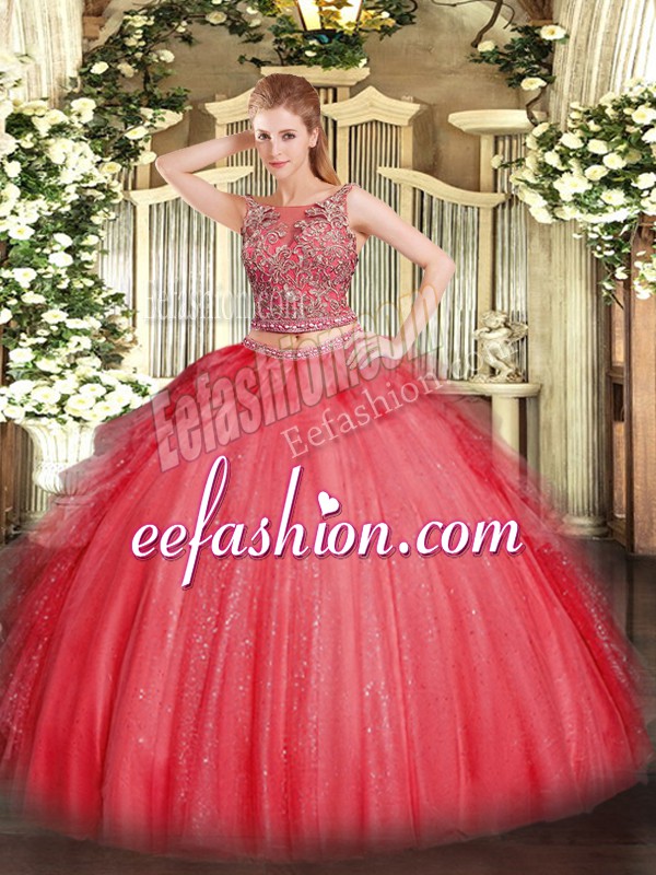 Deluxe Sleeveless Tulle Floor Length Lace Up 15 Quinceanera Dress in Coral Red with Beading and Ruffles