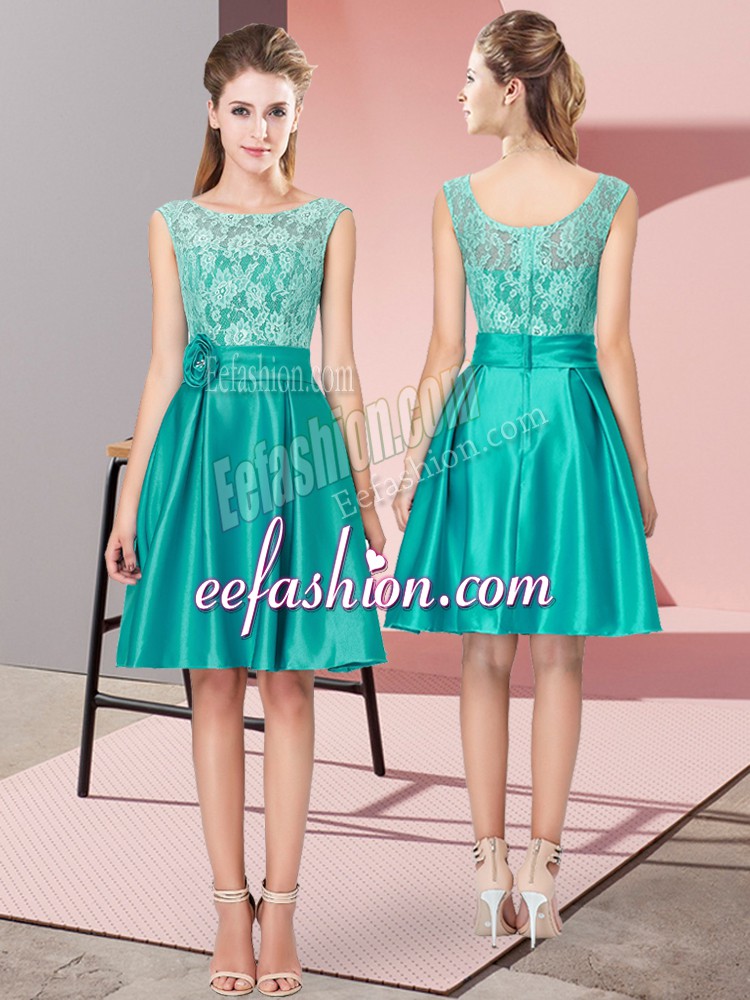 Modern Turquoise Zipper Bateau Lace and Hand Made Flower Prom Dress Satin Sleeveless