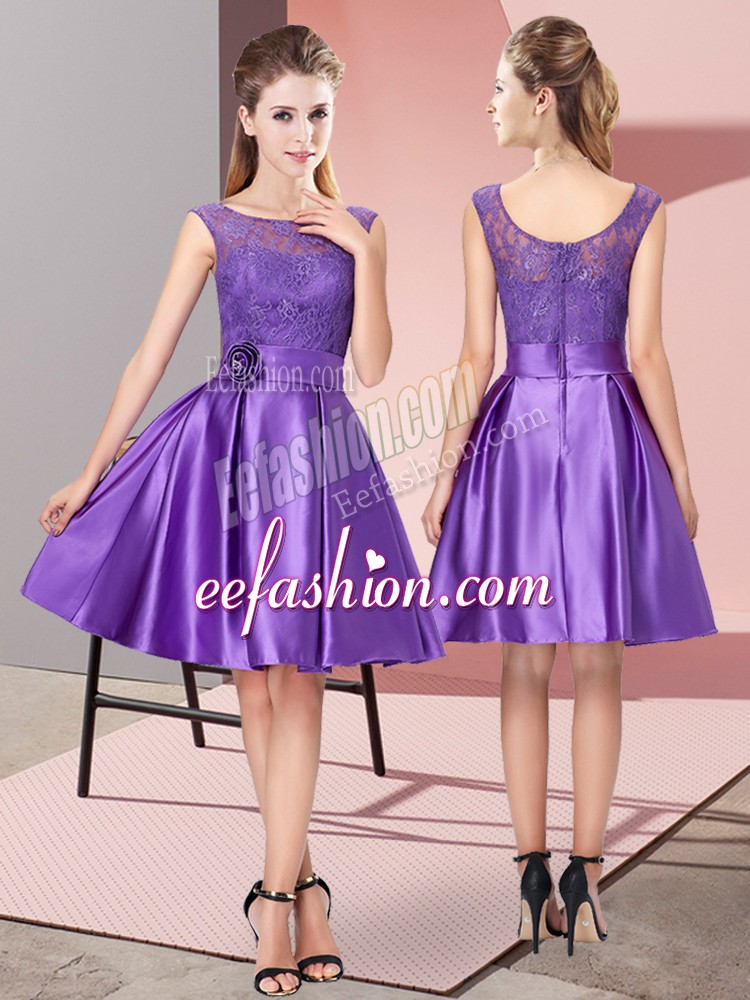 Colorful Purple Zipper Bateau Lace and Hand Made Flower Dress for Prom Satin Sleeveless