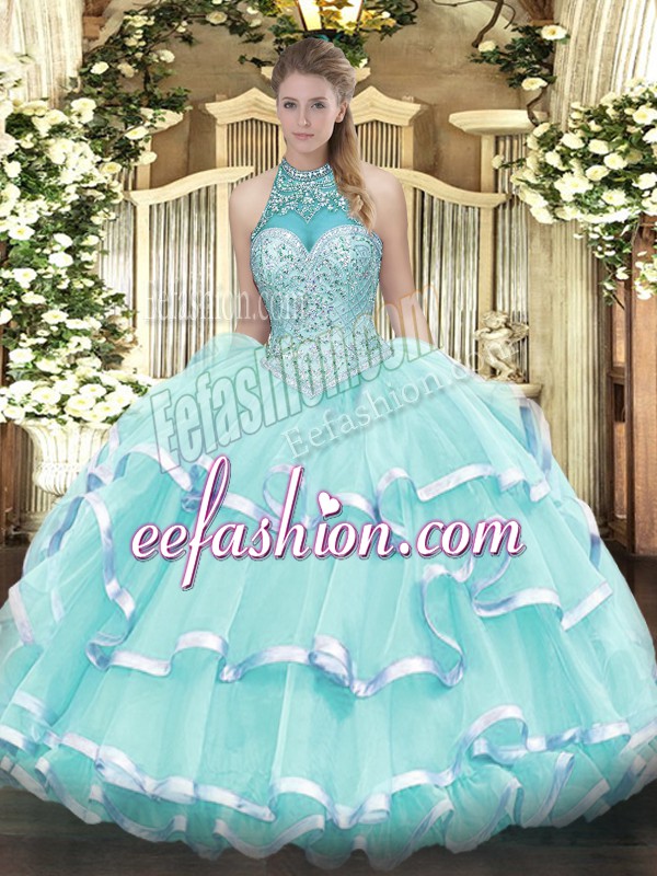 Pretty Apple Green Ball Gowns Halter Top Sleeveless Organza Floor Length Lace Up Beading and Ruffled Layers Vestidos de Quinceanera