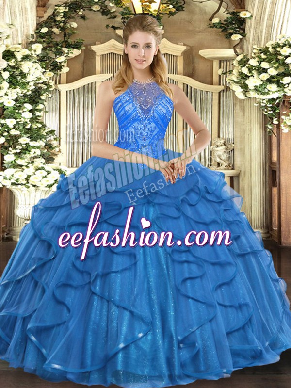  Floor Length Lace Up Vestidos de Quinceanera Teal for Military Ball and Sweet 16 and Quinceanera with Beading and Ruffles