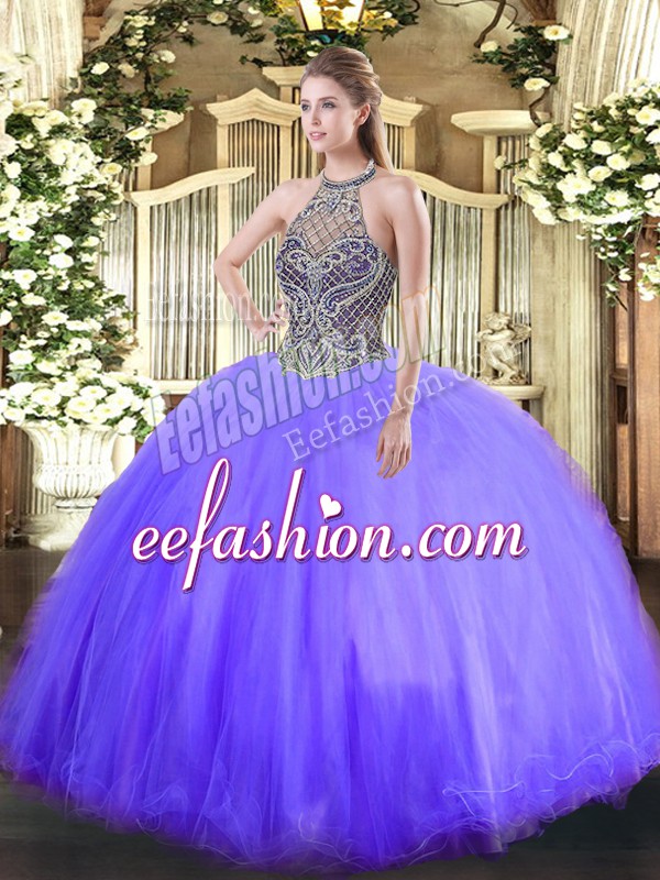 Best Lavender Halter Top Lace Up Beading 15 Quinceanera Dress Sleeveless