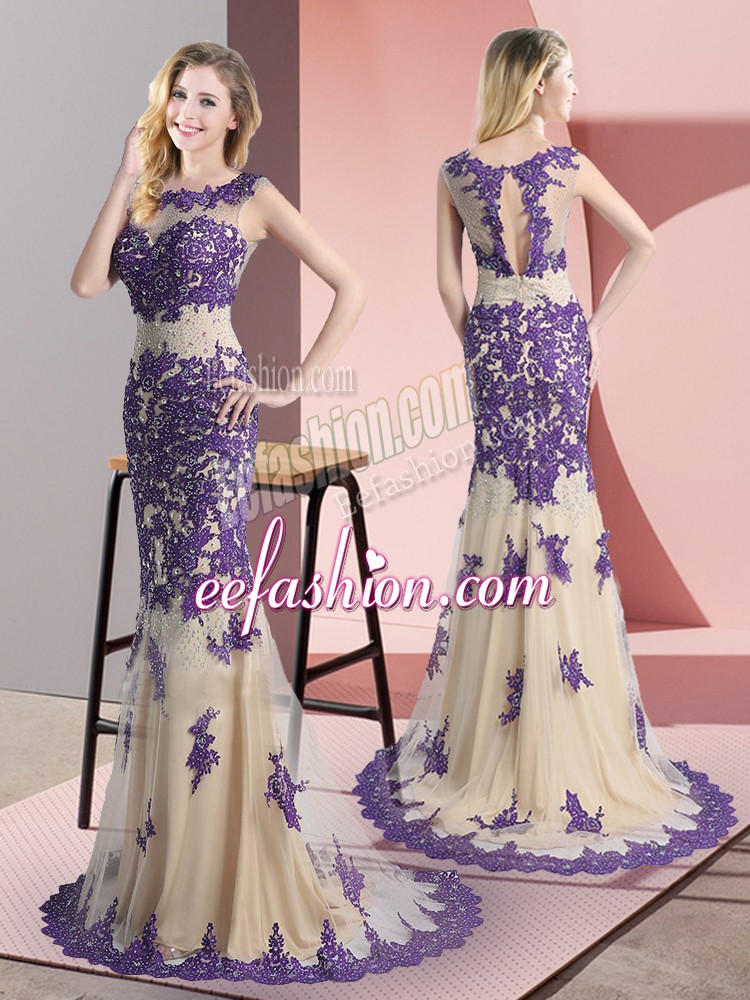 Champagne Prom Dress Prom and Party with Beading and Appliques Scoop Sleeveless Sweep Train Side Zipper