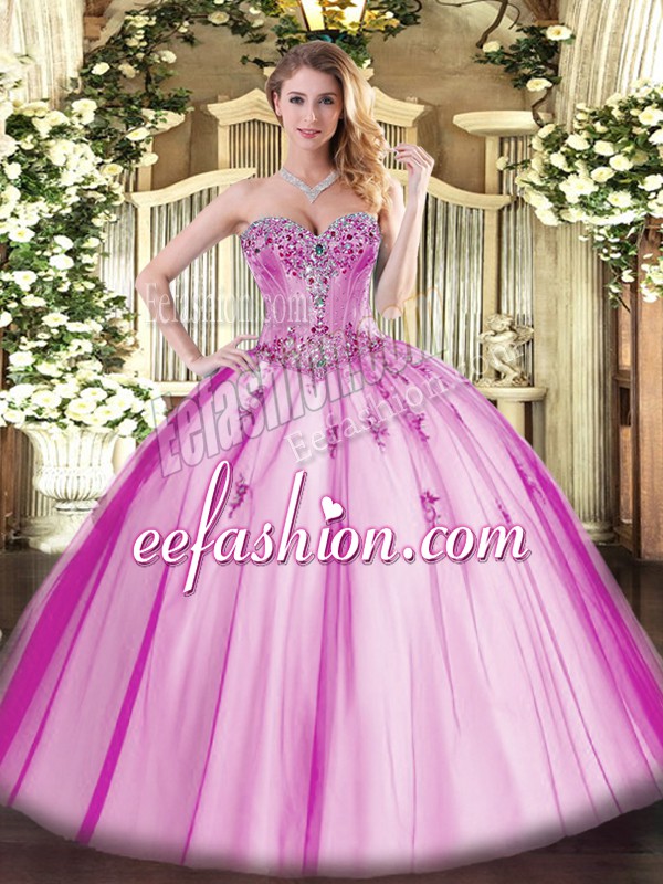  Fuchsia Sweetheart Lace Up Beading and Appliques Quince Ball Gowns Sleeveless