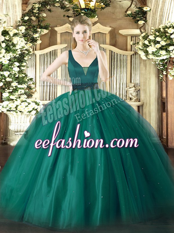  Teal Tulle Zipper Quinceanera Gown Sleeveless Floor Length Beading