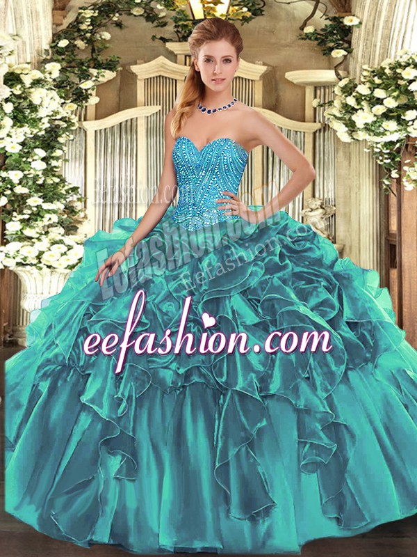  Floor Length Lace Up Quince Ball Gowns Teal for Military Ball and Sweet 16 and Quinceanera with Beading and Ruffles