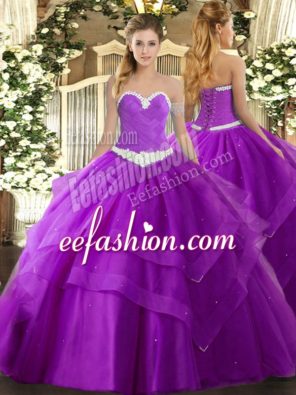  Tulle Sweetheart Sleeveless Lace Up Appliques and Ruffled Layers 15 Quinceanera Dress in Purple