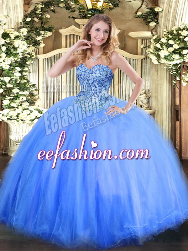 Great Blue Tulle Lace Up Quinceanera Gown Sleeveless Floor Length Appliques