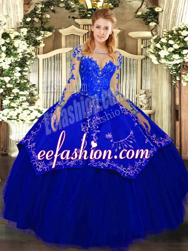 Elegant Floor Length Lace Up Quinceanera Dress Royal Blue for Military Ball and Sweet 16 and Quinceanera with Lace and Embroidery