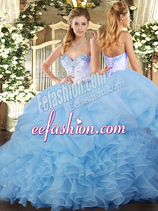 Captivating Lace Up Quinceanera Gowns Blue for Military Ball and Sweet 16 and Quinceanera with Beading and Ruffles and Pick Ups