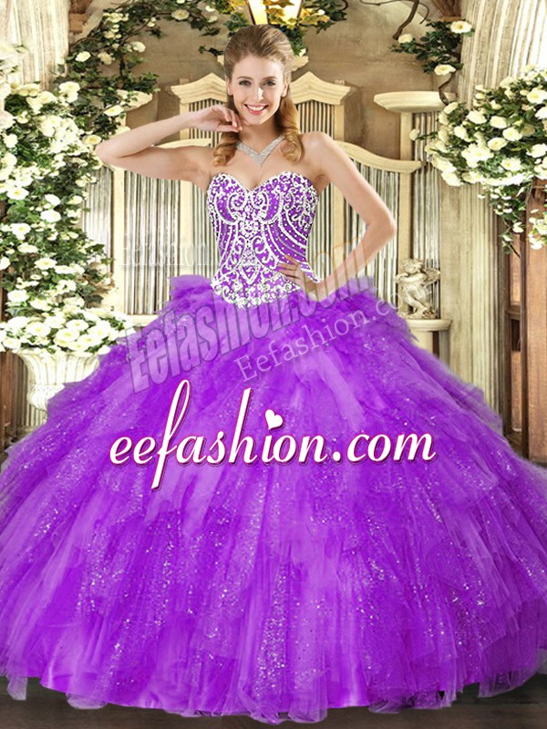 Inexpensive Floor Length Lace Up Sweet 16 Dresses Lavender for Military Ball and Sweet 16 and Quinceanera with Beading and Ruffles