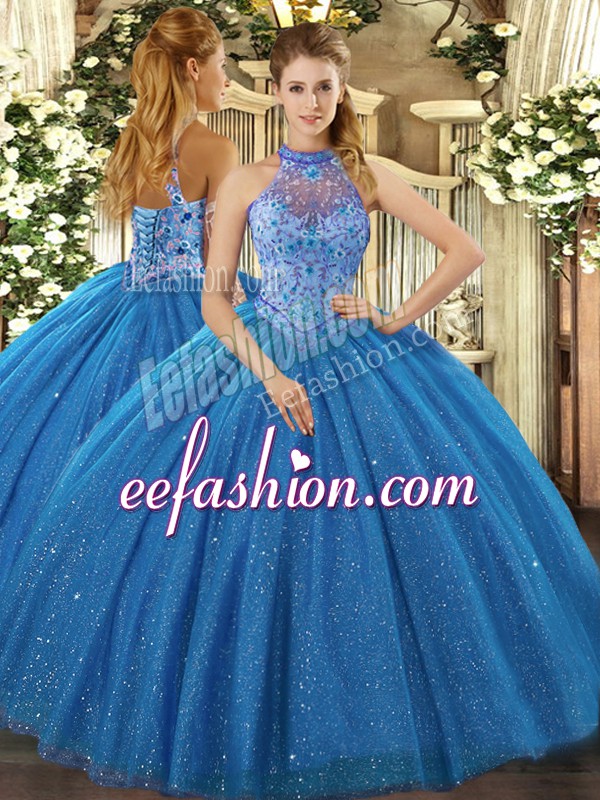  Blue Halter Top Lace Up Beading and Embroidery Quince Ball Gowns Sleeveless