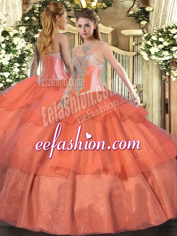Free and Easy Floor Length Coral Red 15 Quinceanera Dress Sweetheart Sleeveless Lace Up
