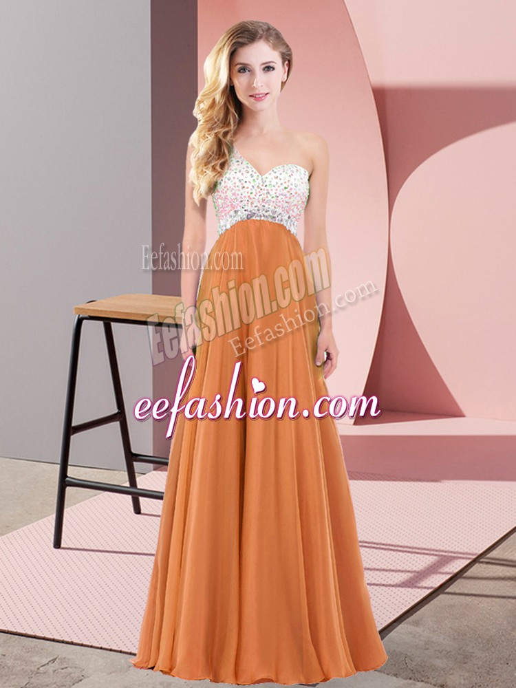 Hot Sale Orange Red Empire Chiffon One Shoulder Sleeveless Beading Floor Length Criss Cross Dress for Prom