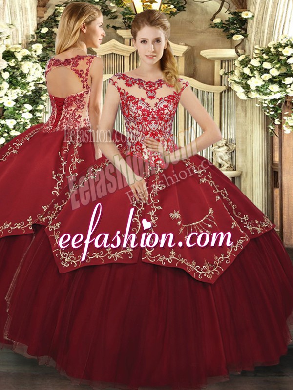  Satin and Tulle Cap Sleeves Floor Length Quinceanera Gown and Beading and Appliques and Embroidery
