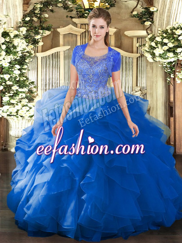 Elegant Blue Ball Gowns Tulle Scoop Sleeveless Beading and Ruffled Layers Floor Length Clasp Handle Sweet 16 Dresses