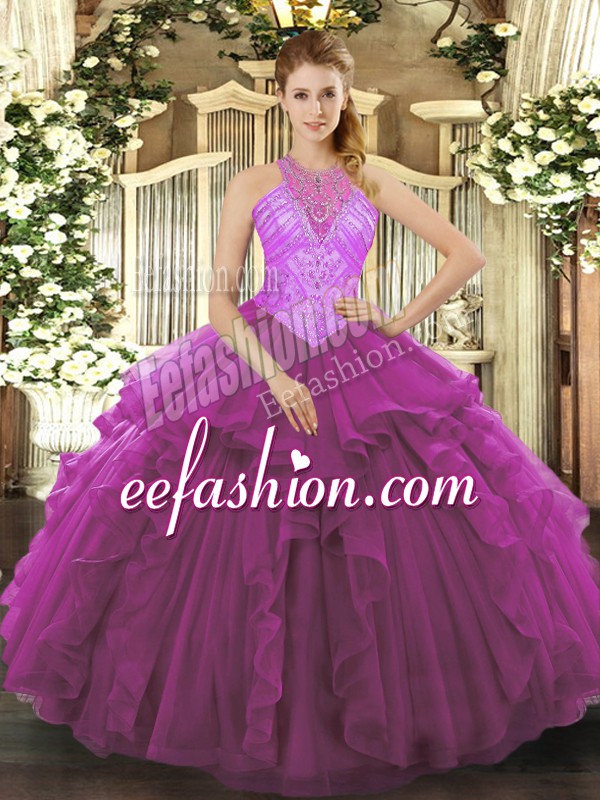 Dynamic Fuchsia Ball Gowns Organza High-neck Sleeveless Beading and Ruffles Floor Length Lace Up Vestidos de Quinceanera