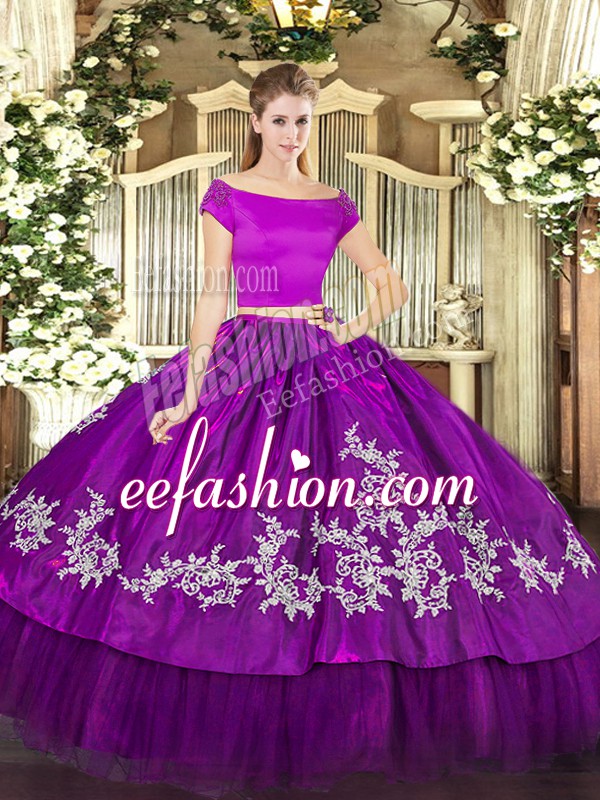  Purple Zipper Vestidos de Quinceanera Embroidery Short Sleeves Floor Length