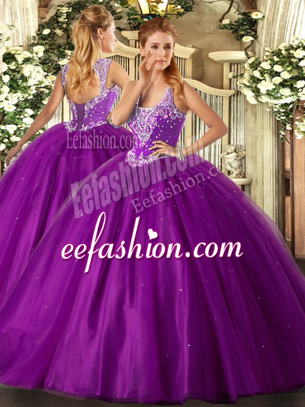  Tulle Straps Sleeveless Lace Up Beading Quinceanera Gown in Purple