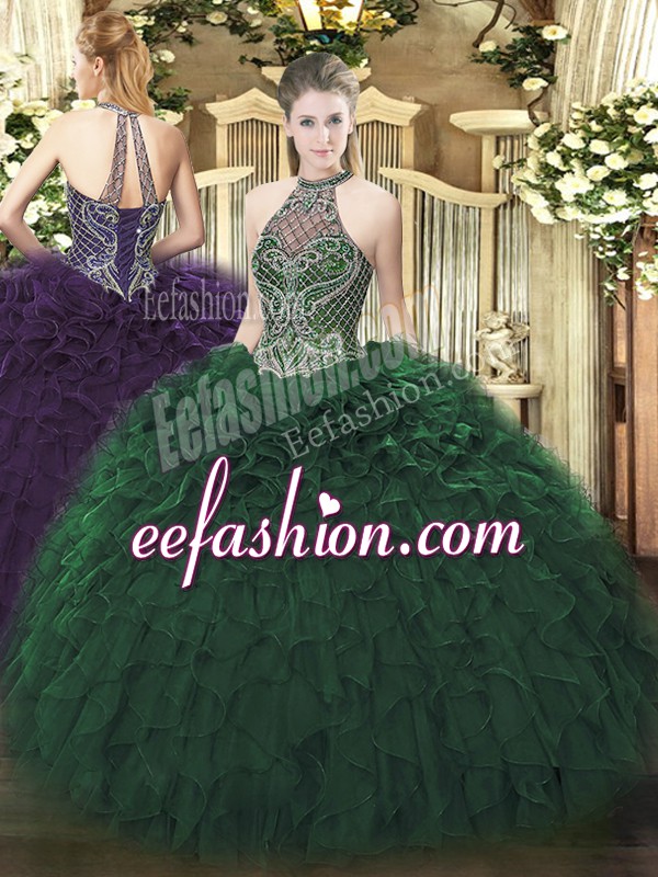 Trendy Floor Length Dark Green Sweet 16 Quinceanera Dress Taffeta Sleeveless Beading and Ruffles