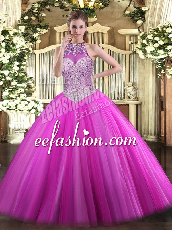  Fuchsia Lace Up Quince Ball Gowns Beading Sleeveless Floor Length