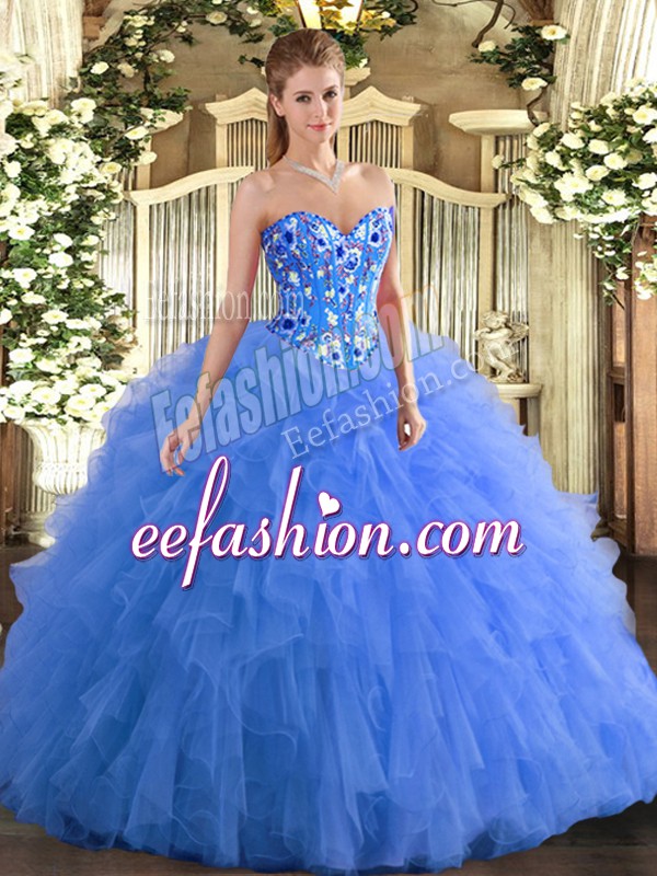  Blue Lace Up 15th Birthday Dress Embroidery and Ruffles Sleeveless Floor Length