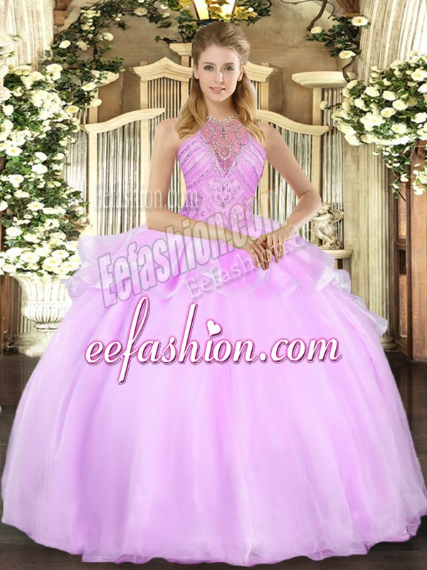  Lilac Sleeveless Organza Lace Up Sweet 16 Dresses for Military Ball and Sweet 16 and Quinceanera