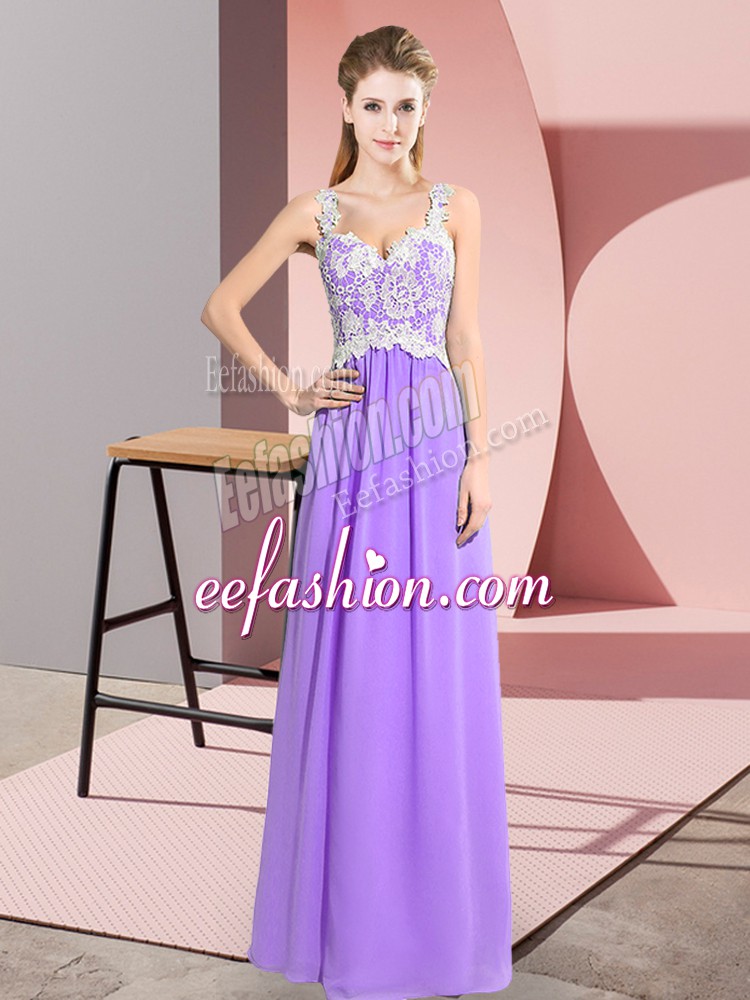 Custom Fit Floor Length Zipper Dress for Prom Lavender for Prom and Party with Lace