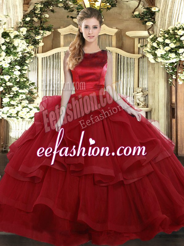  Wine Red Sleeveless Floor Length Ruffled Layers Lace Up Quinceanera Dress