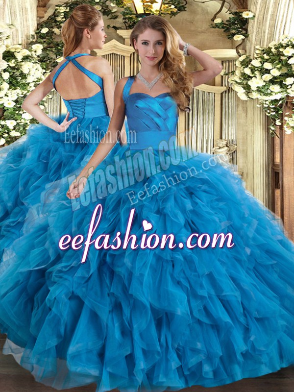 Custom Designed Halter Top Sleeveless Quinceanera Gown Floor Length Ruffles Blue Tulle