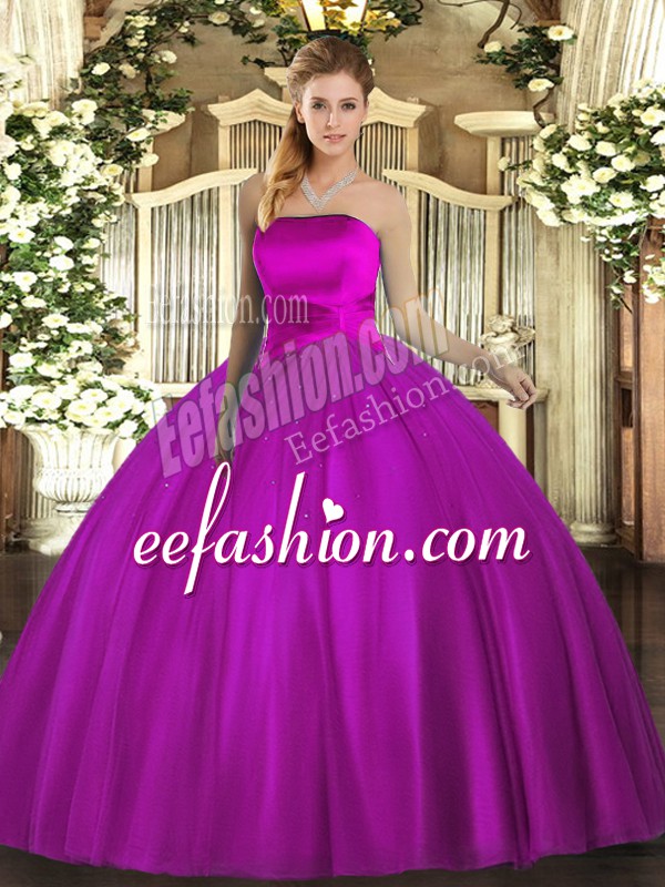  Floor Length Fuchsia Quinceanera Gown Tulle Sleeveless Ruching