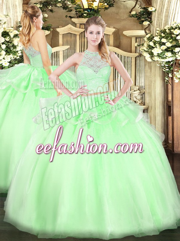 Comfortable Floor Length Zipper Quinceanera Dresses Apple Green for Military Ball and Sweet 16 and Quinceanera with Lace