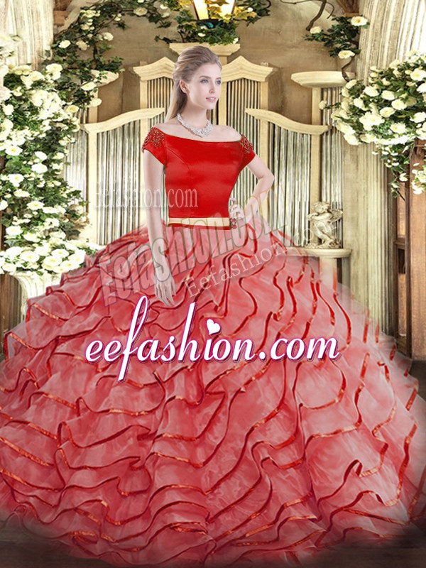  Short Sleeves Tulle Brush Train Zipper Quinceanera Dresses in Coral Red with Ruffled Layers