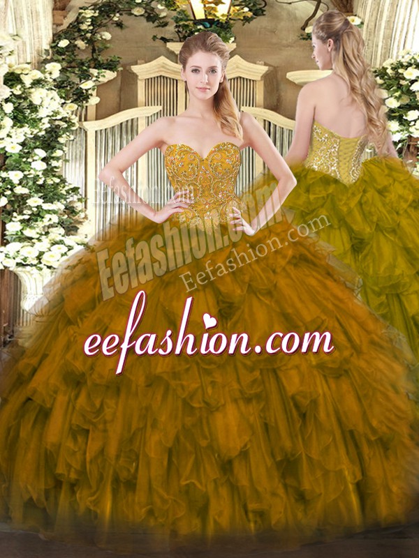  Brown Ball Gowns Beading and Ruffles Quinceanera Gowns Lace Up Organza Sleeveless Floor Length