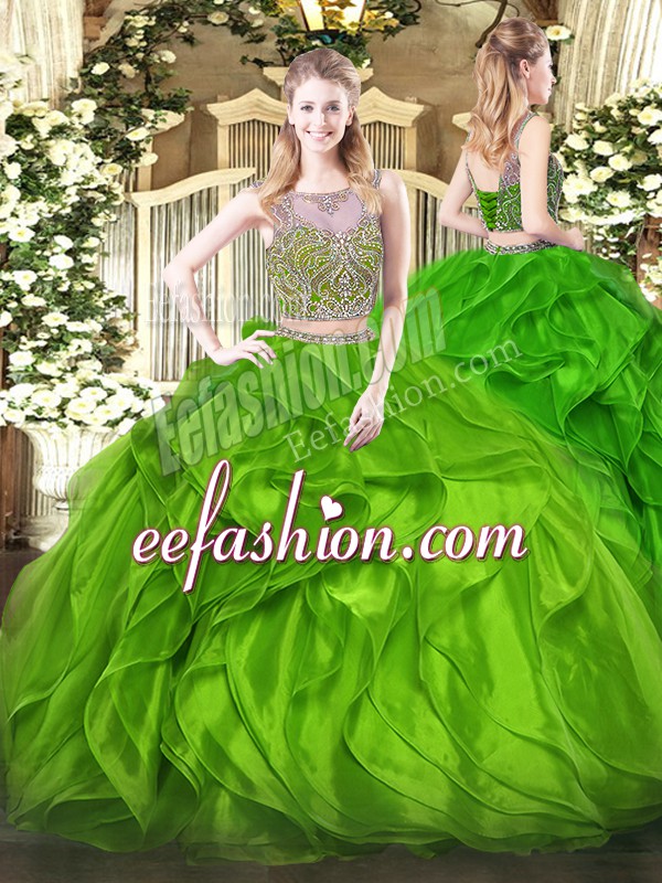  Scoop Sleeveless Organza 15 Quinceanera Dress Beading and Ruffles Lace Up