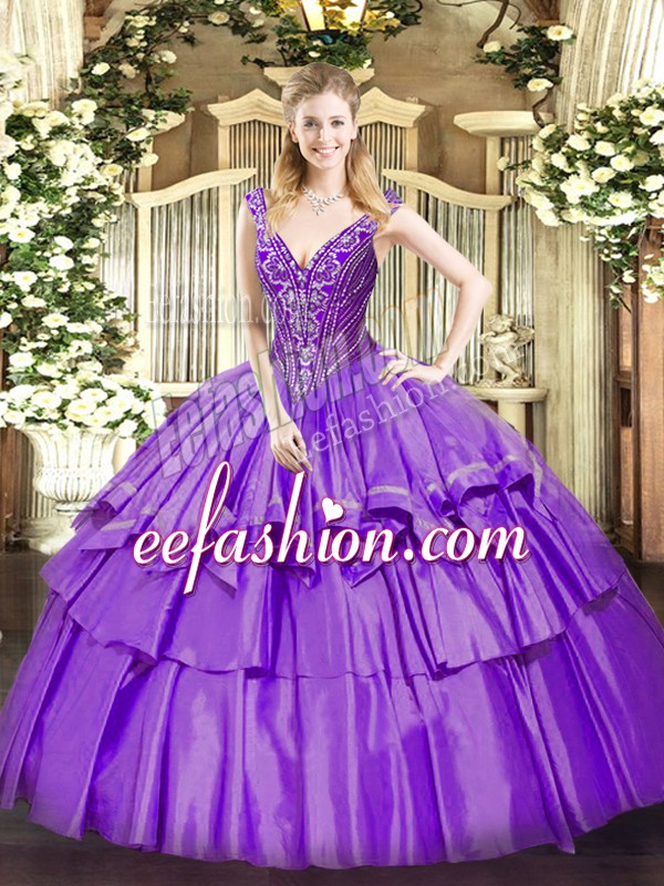  Ball Gowns Quince Ball Gowns Lavender V-neck Organza and Taffeta Sleeveless Floor Length Lace Up