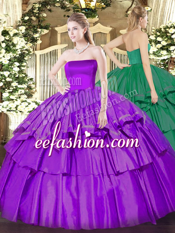 Spectacular Eggplant Purple Ball Gowns Organza and Taffeta Strapless Sleeveless Ruffled Layers Floor Length Zipper Quinceanera Gowns